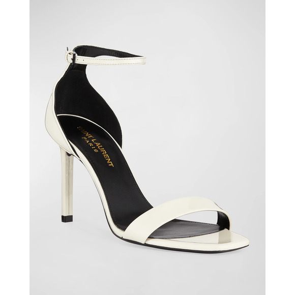 Saint Laurent Amber Patent Ankle-Wrap Stilettos Heel Sandals Cream Women EU 37.5 - Picture 1 of 7